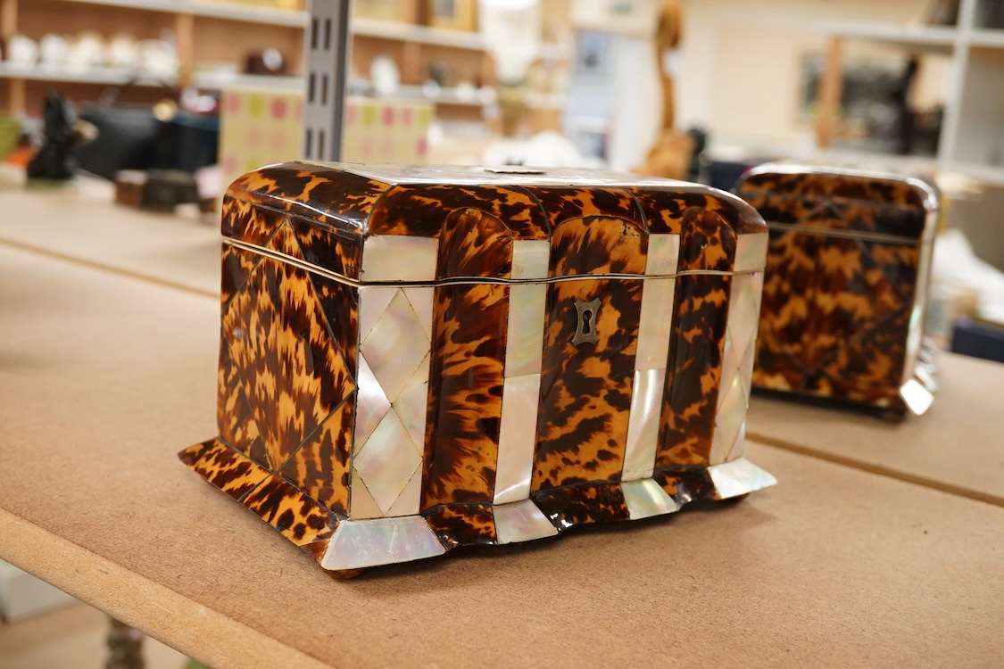 A mid 19th century decorative tortoiseshell and mother of pearl tea caddy, 20cm wide x 12.5cm high CITES Submission reference CXXC25Q1